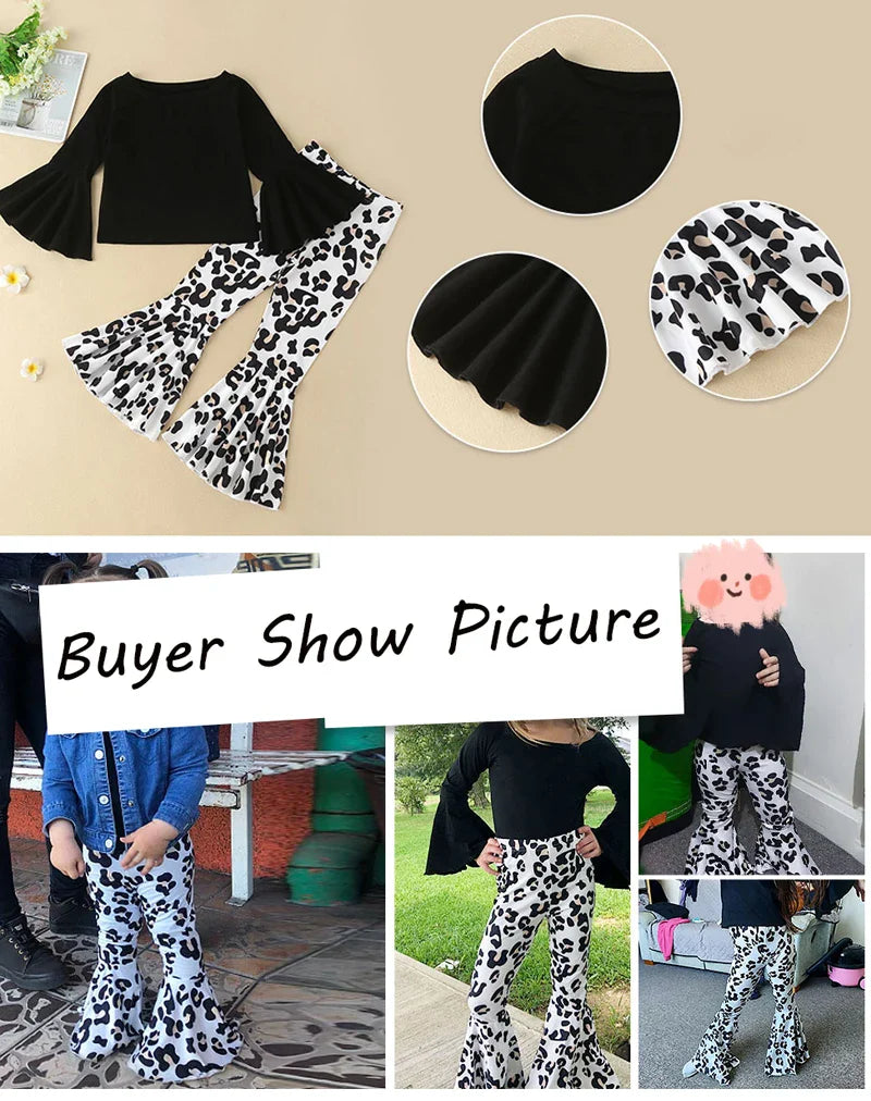 2PCS Baby Girl Clothes Set - Black Pullover Top & Leopard Print Bell-Bottoms, Autumn Outfit for 2-8 Years Old
