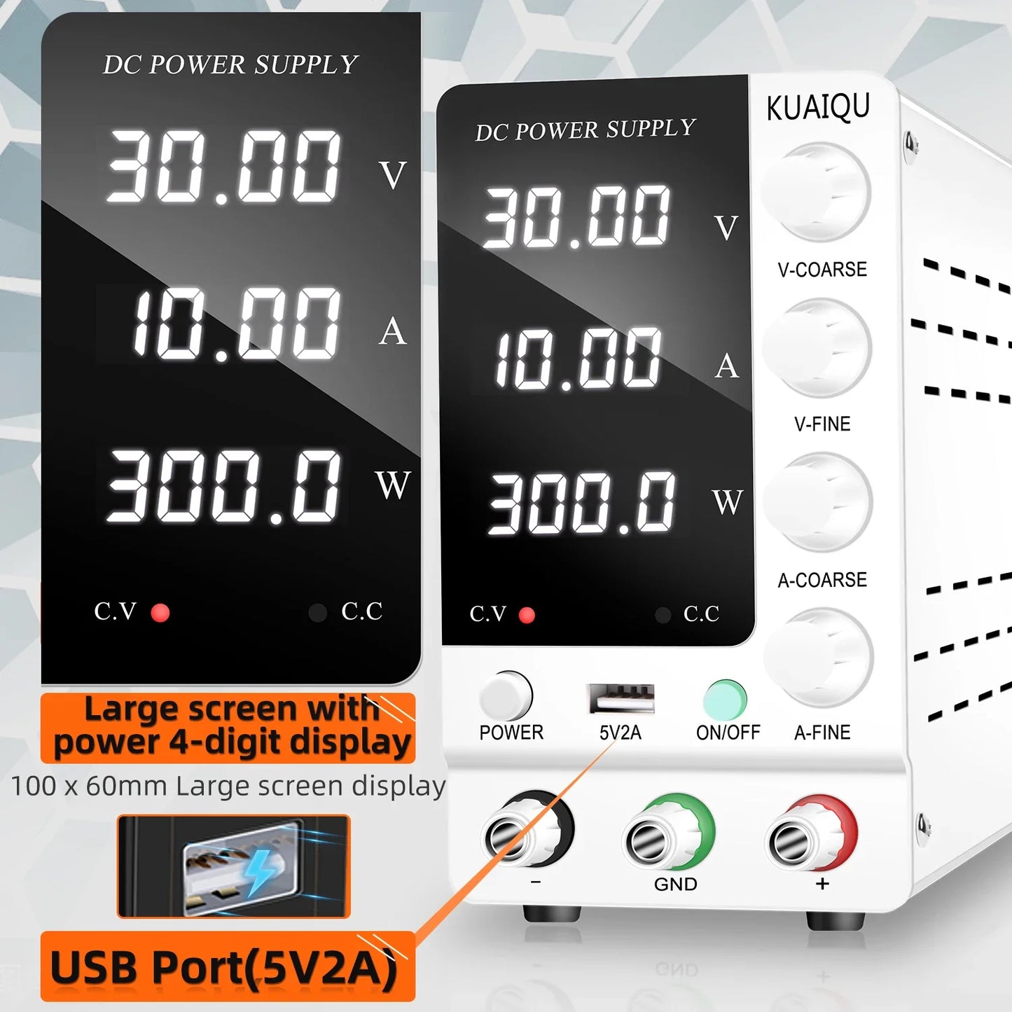 KUAIQU Adjustable DC Power Supply – Lab Bench 30V 10A, 60V 5A, 120V 3A with Preset Current & USB Interface