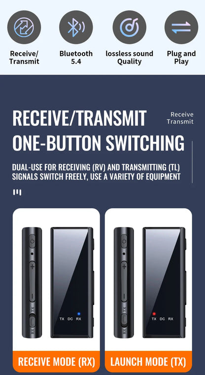 Bluetooth 5.4 Audio Transmitter Receiver – 3.5mm AUX Wireless Adapter with Mic & TF Card Support for Car, TV, PC