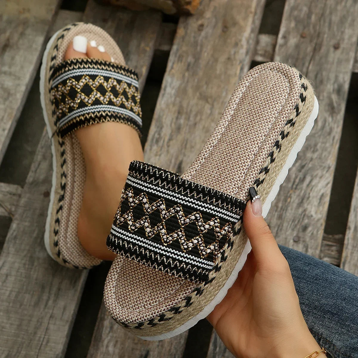 Bohemian Weave Women's Platform Slippers – Handmade Espadrille Sandals, Summer 2023 Beach & Casual Heels