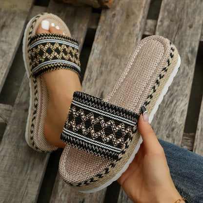 Bohemian Weave Women's Platform Slippers – Handmade Espadrille Sandals, Summer 2023 Beach & Casual Heels