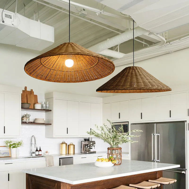 Vintage Rattan Pendant Light - Handwoven Wicker Ceiling Hanging Lamp for Dining Room & Kitchen Decor