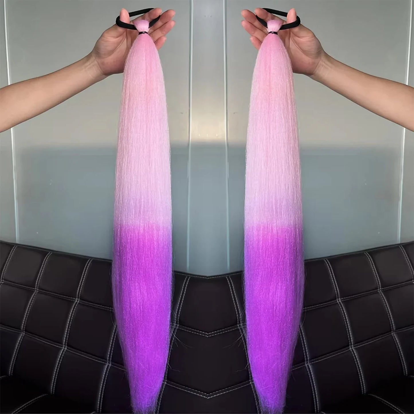 2Pcs Purple Synthetic Ponytail Extensions – Long Straight Hair Accessories with Rubber Bands for Women & Halloween