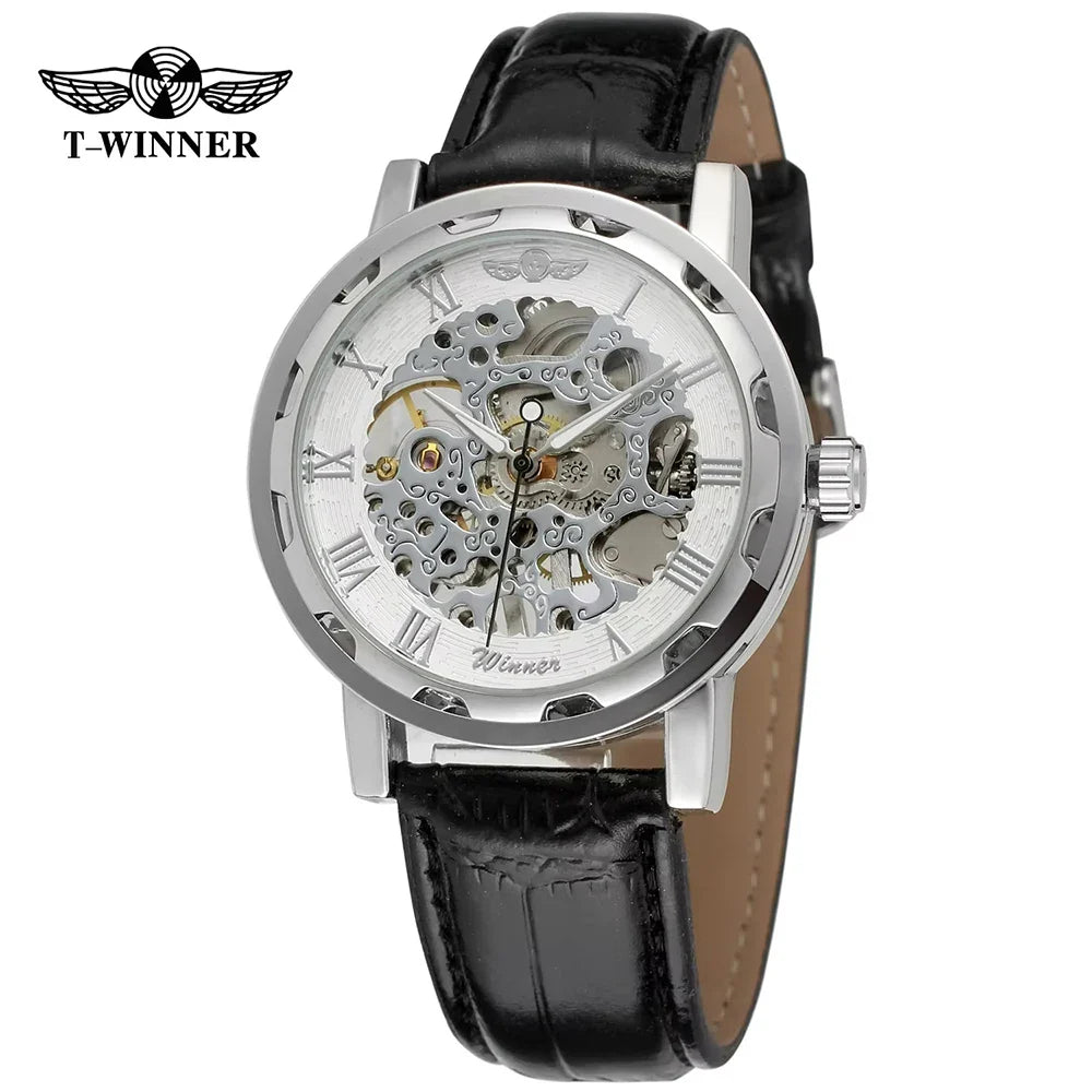 T-Winner Classic Skeleton Watch – Mechanical Hand-Wind Wristwatch with PU Leather Strap for Men & Women