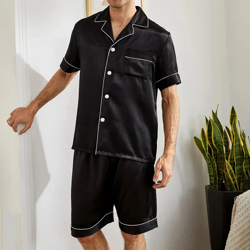 Men’s Satin Pajama Set – Summer Short Sleeve Button-Down Shirt & Shorts, 2-Piece Sleepwear Home Clothes