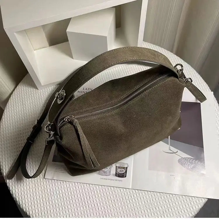Simple Autumn Winter Grey & Brown Boston Tote — Soft Matte Suede Cow Leather Women's Shoulder Handbag