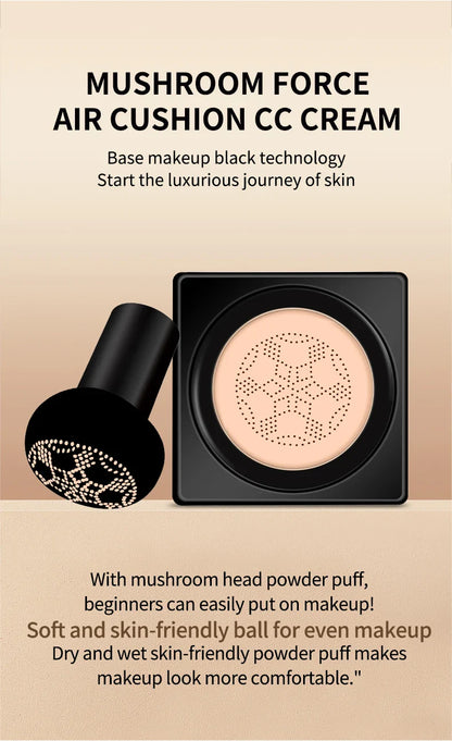Air Cushion CC Cream with Mushroom Head Puff – Moisturizing, Brightening BB Cream & Waterproof Face Concealer