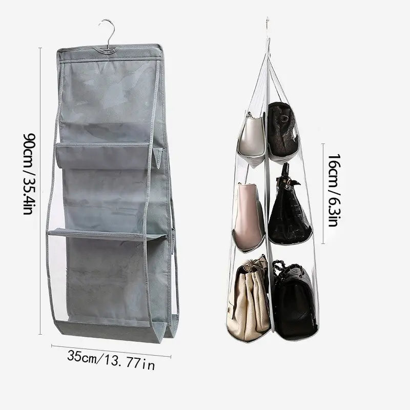 6-Pocket Hanging Handbag Organizer – Gray Waterproof Storage Bag with Hanger for Closet, Door & Wall