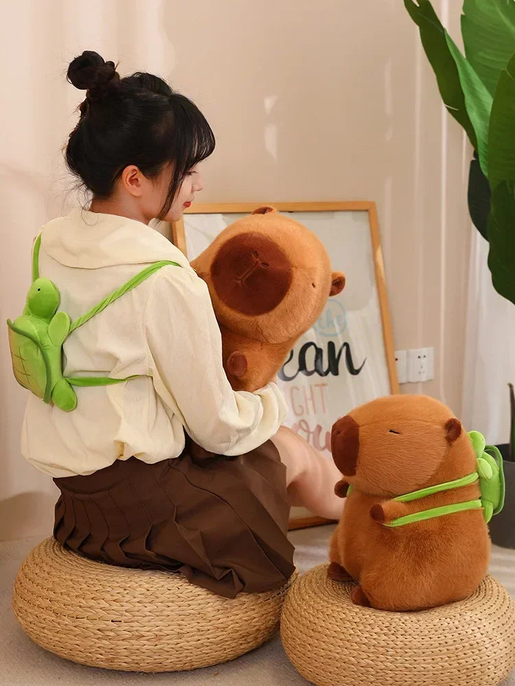 Cute Turtle & Capybara Plush Backpack Pendant – Strawberry Hat Soft Stuffed Toy for Kids Birthday Gift