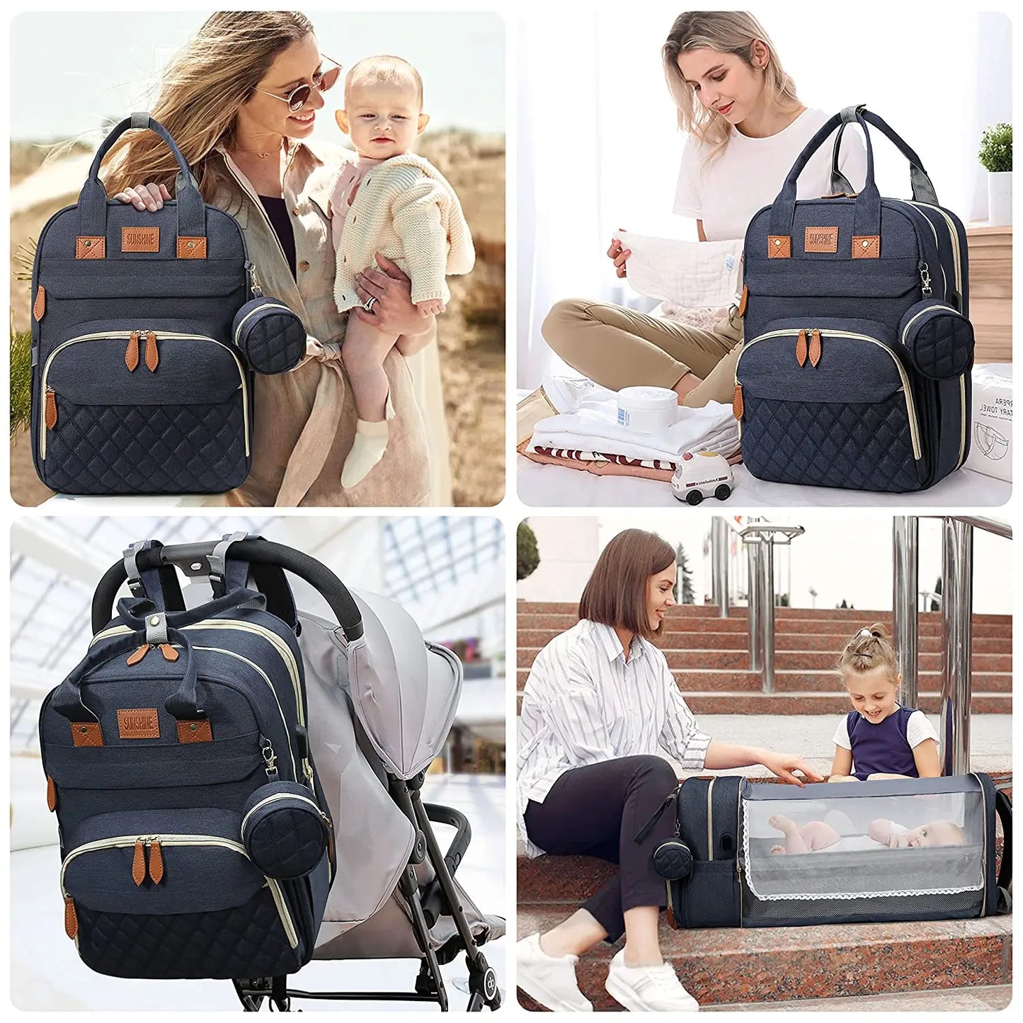 3-in-1 Diaper Bag Backpack – Waterproof Travel Bag with Foldable Baby Bed & USB Charging