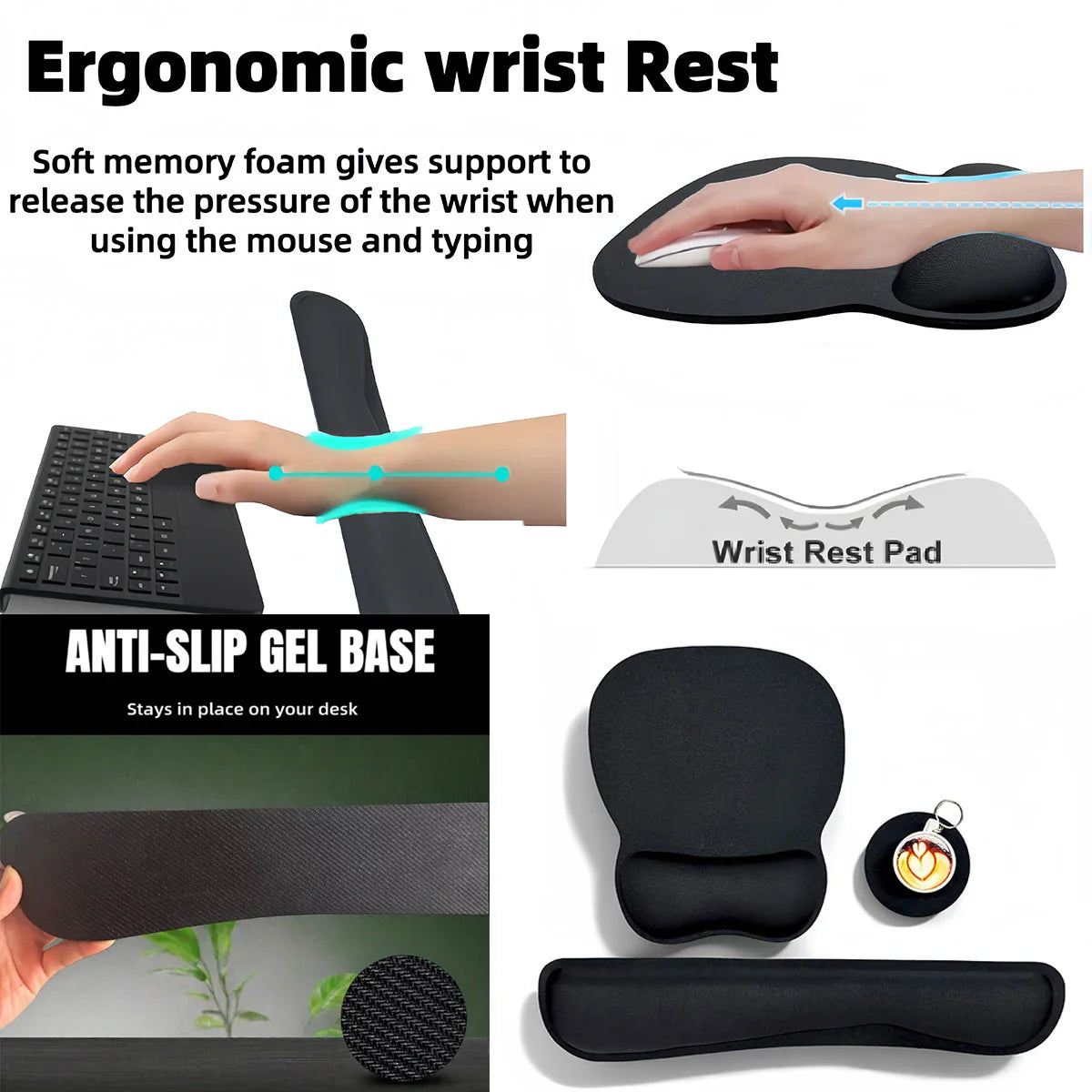 Ergonomic Keyboard Wrist Rest & Mouse Pad Set (3-Piece) with Memory Foam Cushion & Non-Slip Rubber Base for Comfort Support