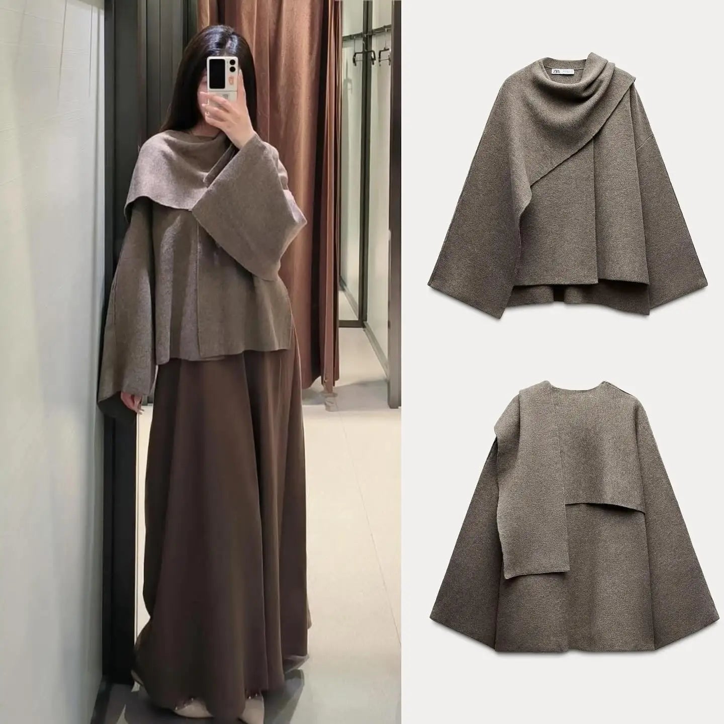 ZBZA Women’s Asymmetric Scarf Knitted Jacket – O Neck Single Button, Side Slit Loose Coat, Winter Chic Outerwear