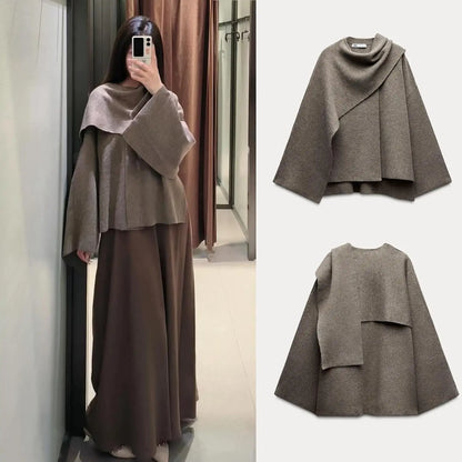 ZBZA Women’s Asymmetric Scarf Knitted Jacket – O Neck Single Button, Side Slit Loose Coat, Winter Chic Outerwear