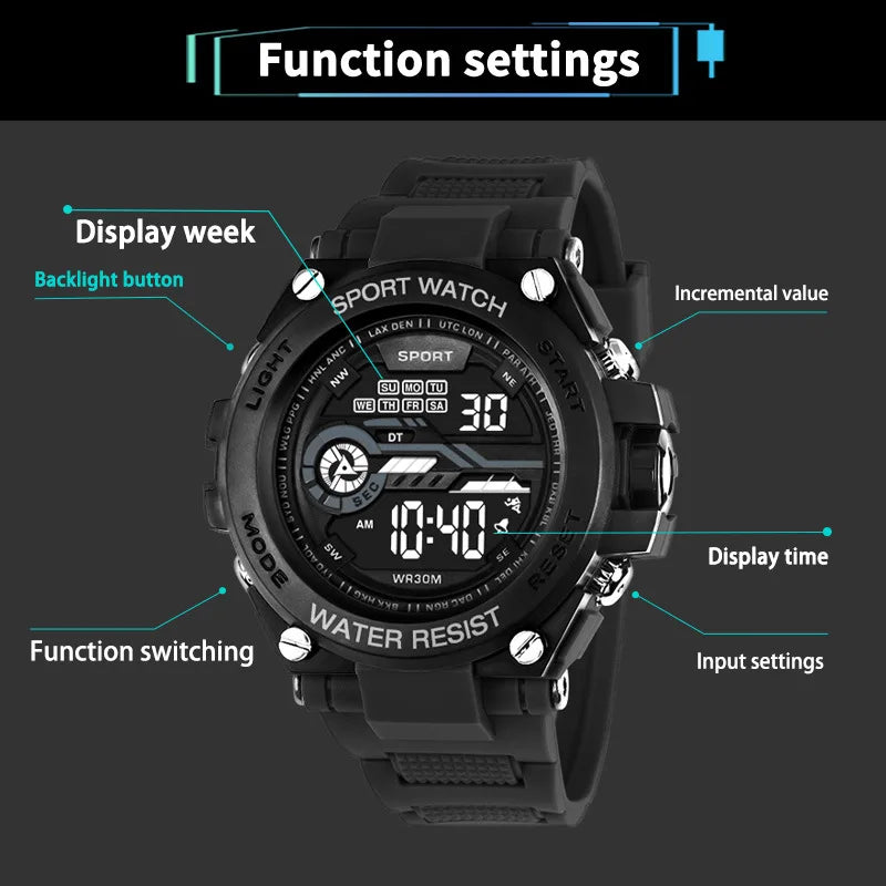 YIKAZE Men’s Waterproof Sports Watch — Multifunction LED Digital Military Watch with Alarm Clock