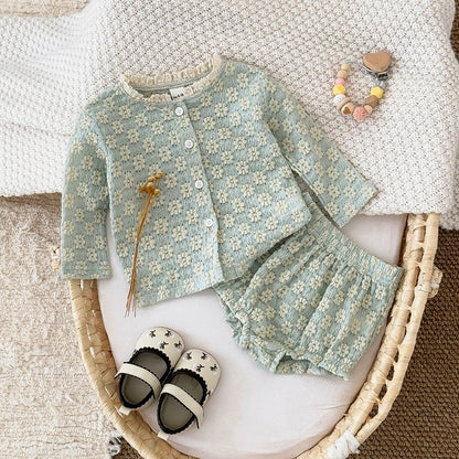Summer European Style Baby Onesie Set – Floral Embroidery Long Sleeve Top & Shorts, Breathable 2-Piece Outfit