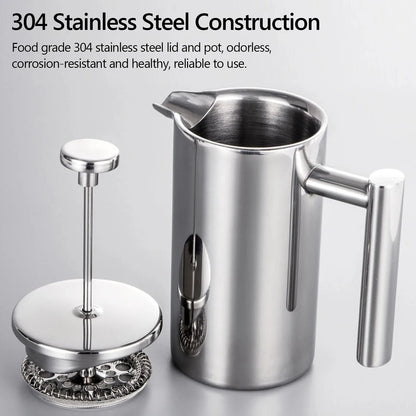 Double-Walled Stainless Steel French Press Coffee Maker Pot – 350ml/800ml/1000ml Insulated Coffee Brewer for Home & Office