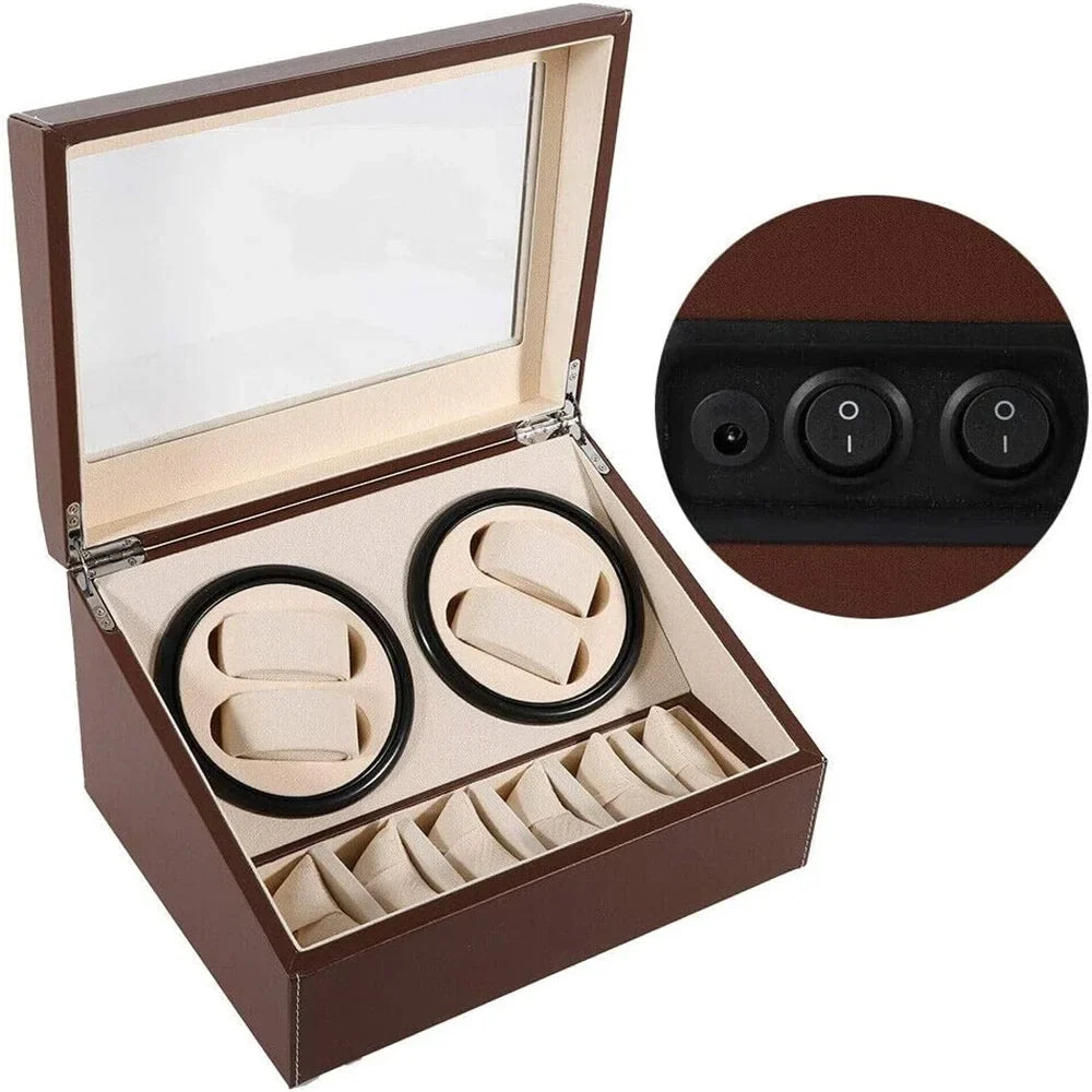 Hot Sale Luxury 4+6 Automatic Watch Winder - High-Quality Black/Brown Display and Storage Box for 10 Watches