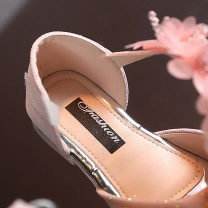 Girls Rhinestone Flower Pumps - Low Heel Princess Wedding & Party Dress Shoes for Kids