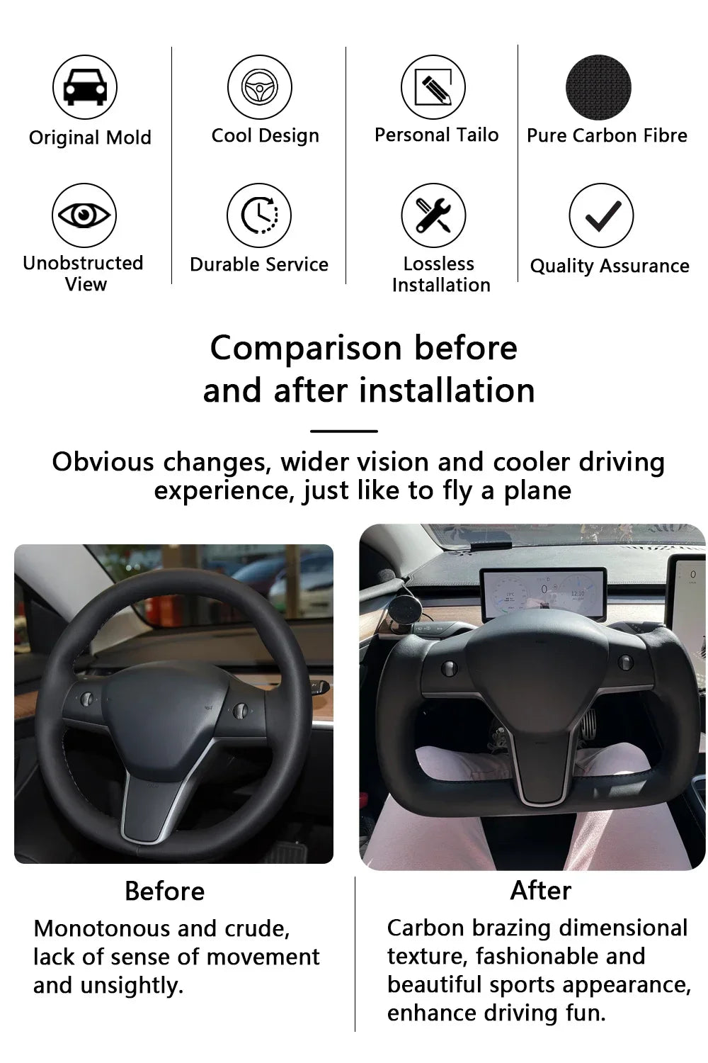 Hawknavi 350mm Yoke Steering Wheel – Leather Racing Style for Tesla Model 3 & Model Y, Heated Optional, White & Black