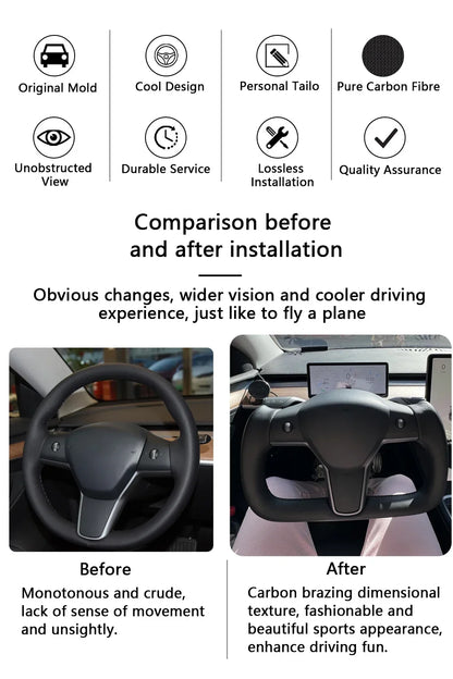 Hawknavi 350mm Yoke Steering Wheel – Leather Racing Style for Tesla Model 3 & Model Y, Heated Optional, White & Black