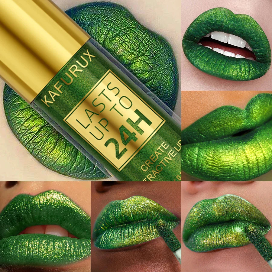 Green Glitter Lip Glaze – Waterproof, Long-Lasting Metallic Lip Gloss with Bold Pearlescent Tint Makeup
