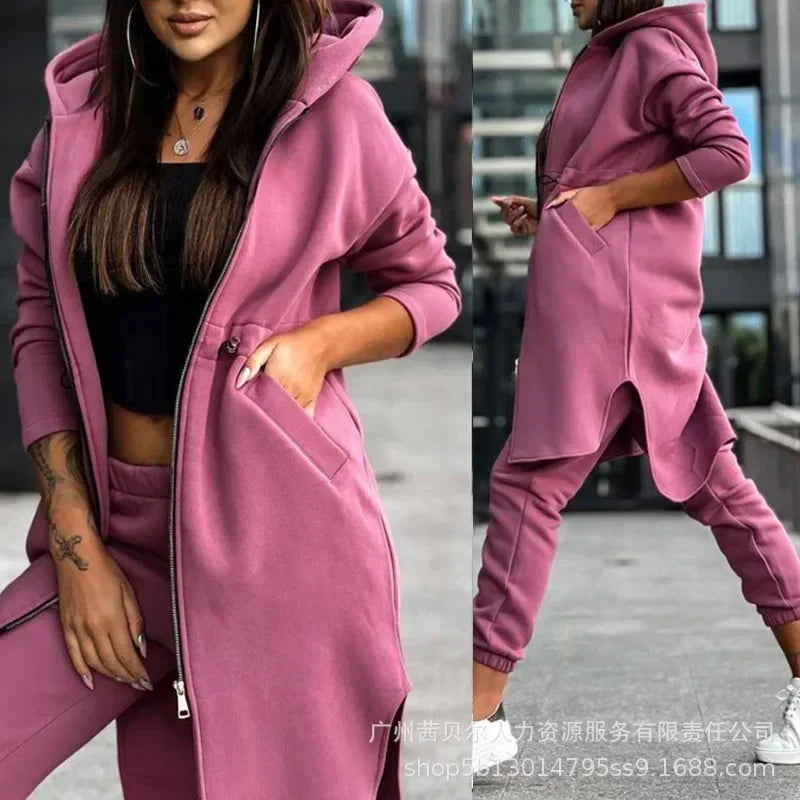 Autumn Winter Women's Hooded Jacket & Trousers Set – Casual Two-Piece Everyday Outfit