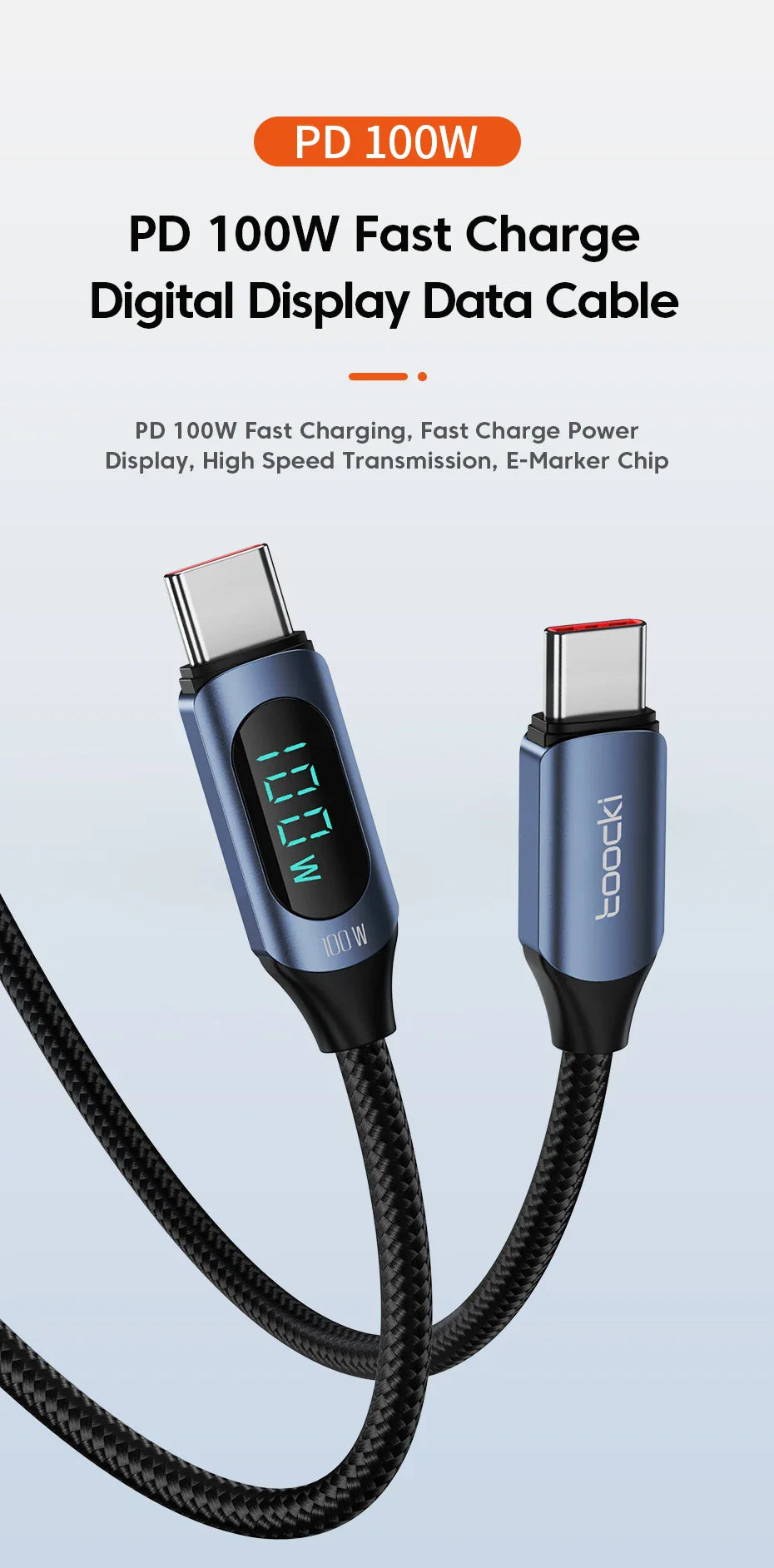 Toocki Type-C to Type-C Cable – 100W PD Fast Charging & Display Cable for Xiaomi POCO F3, Realme, MacBook, iPad