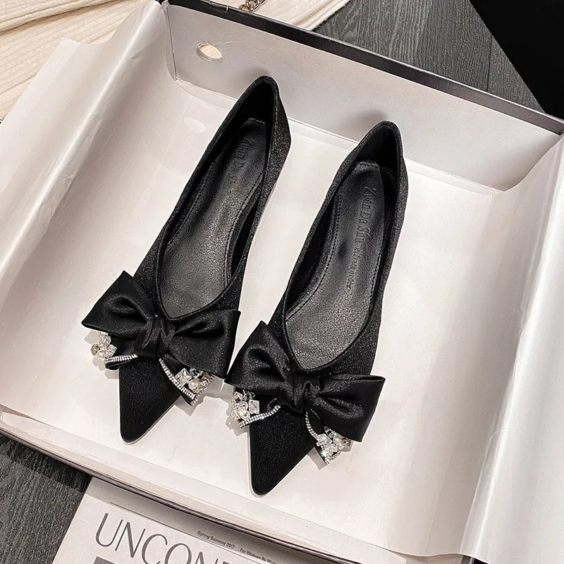 Women’s Luxury Rhinestone Bow Flats – Pointed Toe Champagne Silk Ballet Shoes, Big Size 41-43, Elegant Wedding Footwear