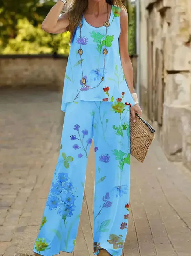 Women Printed 2-Piece Summer Suit Set – Sleeveless Round Neck Top & Wide Leg Pants Casual Loose Fit Outfit