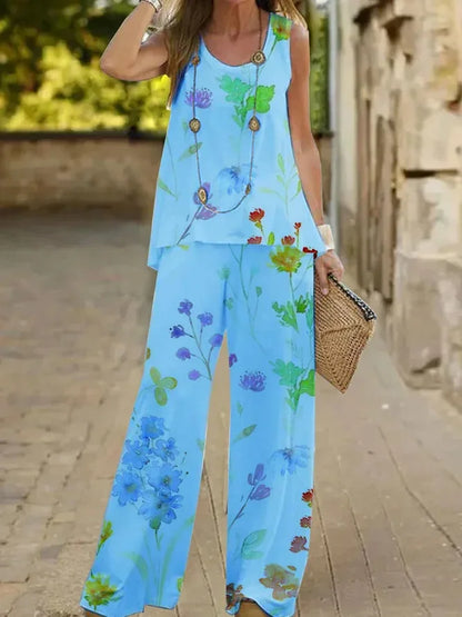 Women Printed 2-Piece Summer Suit Set – Sleeveless Round Neck Top & Wide Leg Pants Casual Loose Fit Outfit