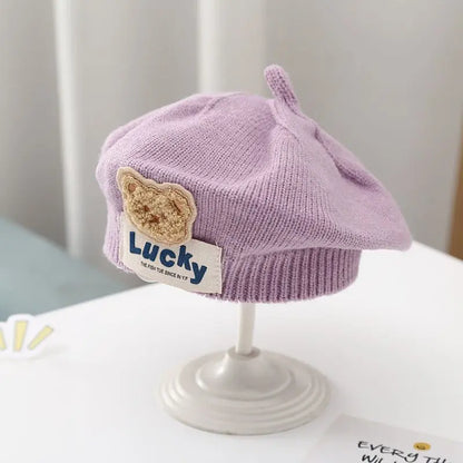 Flower Baby Beret Hat – Winter Warm Knitted Beanie for Infant & Toddler Girls, Korean Princess Artist Painter Cap Solid Color