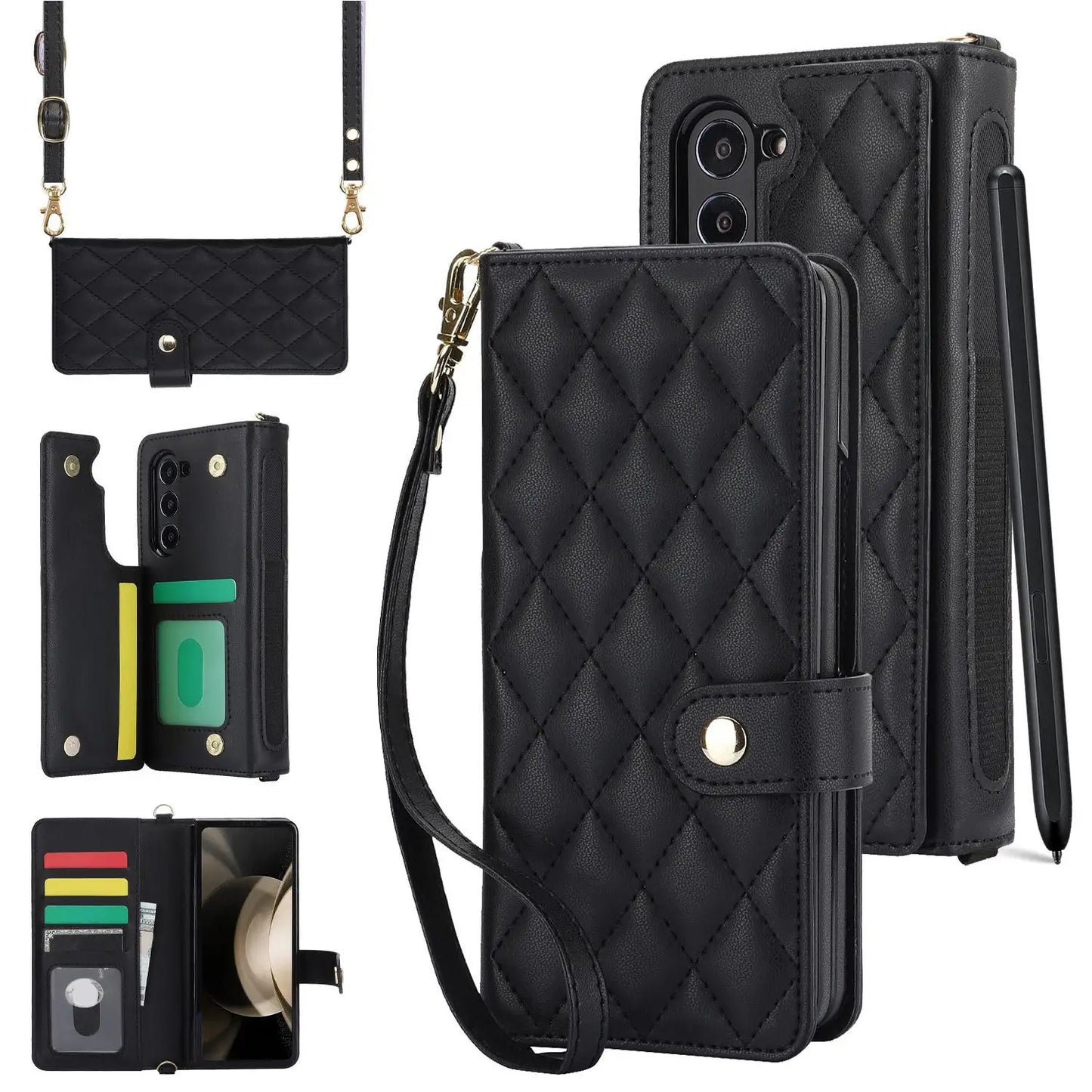 PU Leather Flip Wallet Case for Samsung Galaxy Z Fold 6/5/4/3 5G – Card Holder, Wrist Strap, Crossbody Stand Cover
