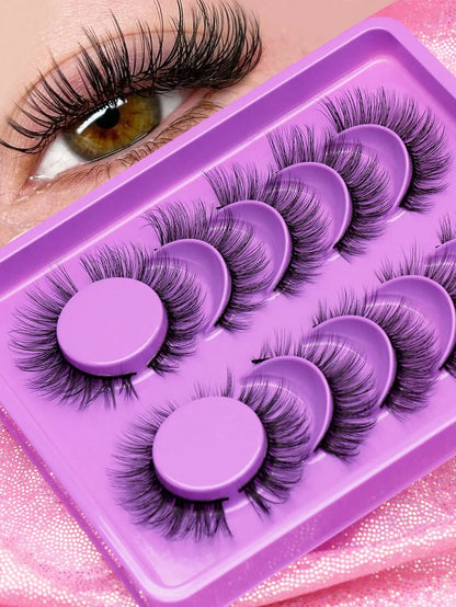5 Pairs Cat Eye Faux Mink Eyelashes – Winged Long Natural Manga Style False Lashes Makeup Set