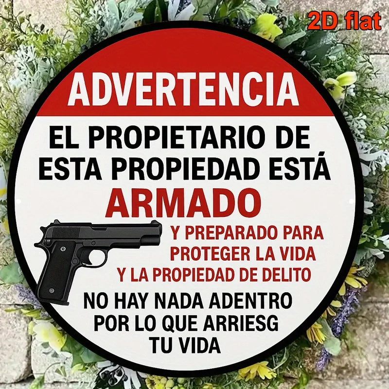 Armed Homeowner Warning Sign - Vintage Round Aluminum Security Plaque in English & Spanish