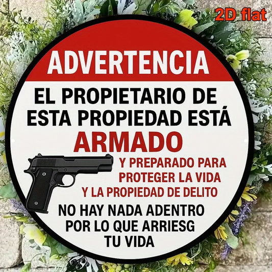 Armed Homeowner Warning Sign - Vintage Round Aluminum Security Plaque in English & Spanish