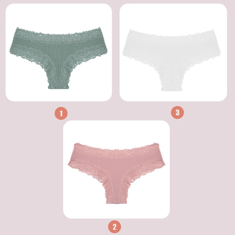 3PCS Lace Seamless Cotton Panties - Ribbed Brazilian Low Waist, Breathable Women’s Underwear, Plus Size Lingerie