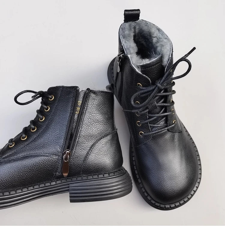 Careaymade 100% Genuine Leather Wide Casual Women’s Short Boots – Big Size, Handmade Men’s Wool Boots