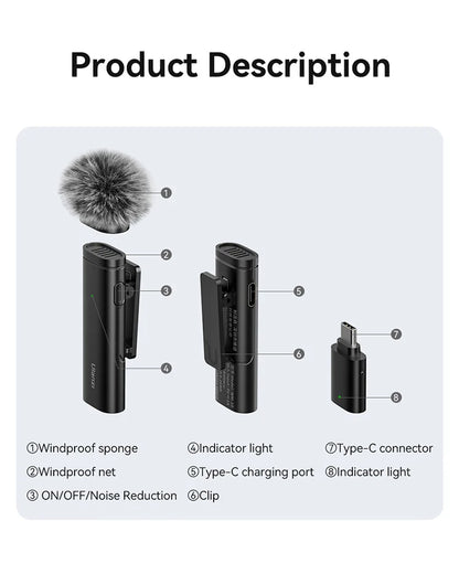 Ulanzi WM-10 Wireless Lavalier Microphone – 1-to-1 USB-C Mic for Android & iPhone, Windproof Sponge for Live Streaming & Recording