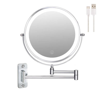 8-Inch Double-Sided LED Makeup Mirror - 10X Magnification, 360° Rotating, Wall Mounted, Foldable Vanity Mirror