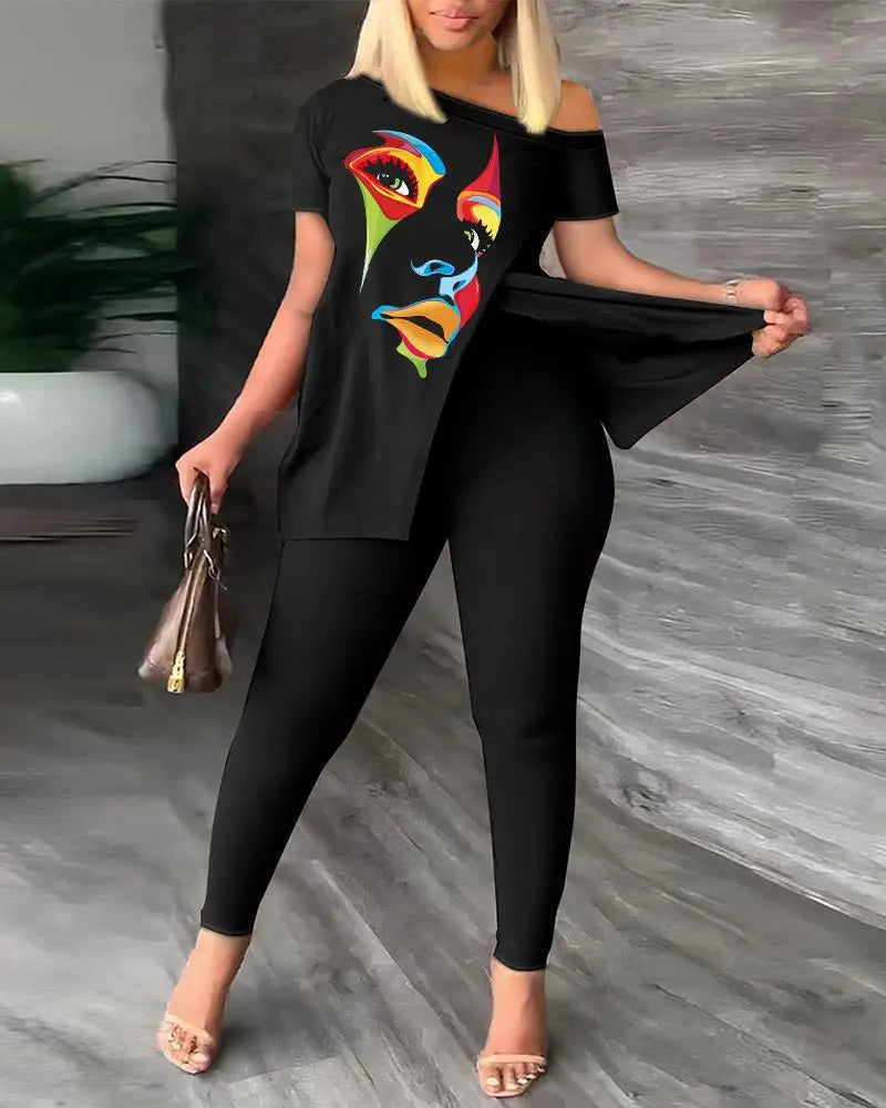 Elegant Women’s Two-Piece Set – Printed Ruffle Sleeve Top & Solid Color Pants with Belt