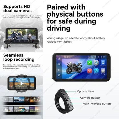 Portable 6.25-Inch Motorcycle GPS Navigation with Wireless CarPlay & Android Auto – IP67 Waterproof, DVR Drive Recorder, WIFI Moto Monitor