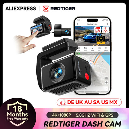 REDTIGER A4 4K Dash Cam Front & Rear – GPS, 5G WiFi, Touch Screen, Night Vision, 24H Parking Mode & Voice Control Drive Recorder