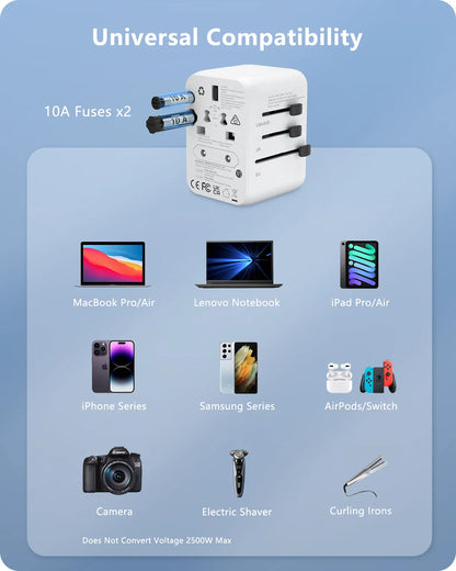 LENCENT Universal Travel Adapter with 3 USB Ports & Type-C PD Charging - EU/UK/USA/AUS Plug, All-in-One Travel Charger
