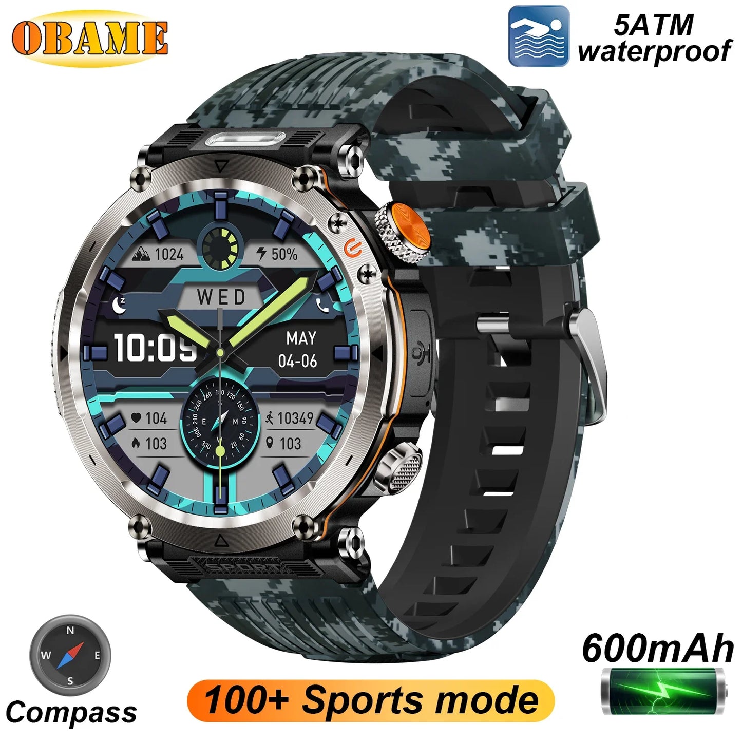 2025 5ATM Outdoor Smartwatch for Men – 600mAh Battery, LED Flashlight, Compass, Bluetooth Call, Heart Rate, IP68 Sports Watch