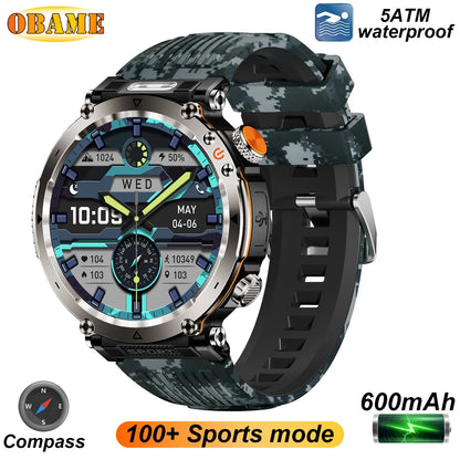 2025 5ATM Outdoor Smartwatch for Men – 600mAh Battery, LED Flashlight, Compass, Bluetooth Call, Heart Rate, IP68 Sports Watch