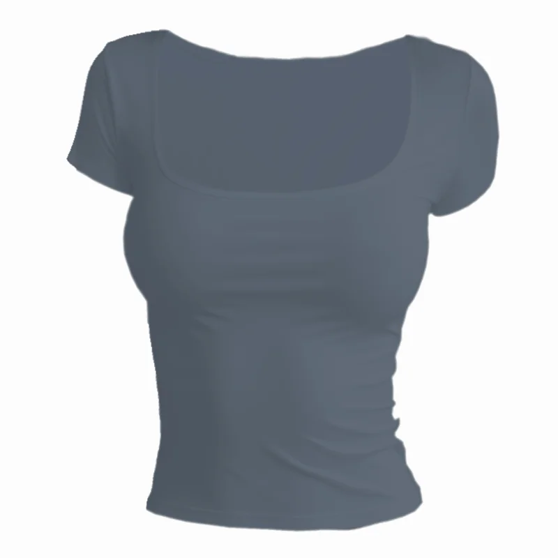 Women’s Short Sleeve Summer T-Shirt – Slim Fit Solid Color Square Neck Elastic Y2K Streetwear Fashion Tee Top QX33