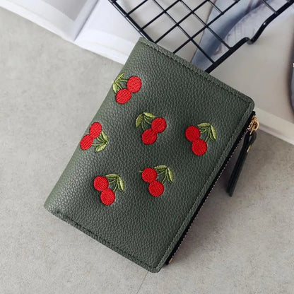 Women’s Cherry Embroidered Short Wallet – Simple Vertical Buckle Zipper Purse for Girls