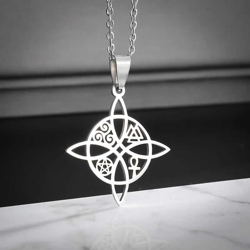 Witchcraft Witch Knot Necklace - Irish Trinity Knot Triple Spiral Pendant, Stainless Steel Ankh Cross Pentagram Amulet Jewelry