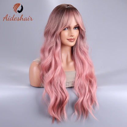 Long Body Wave Ombre Black Pink Cosplay Wigs: Heat Resistant Synthetic Wigs with Middle Part - Natural Lolita Wigs for Women
