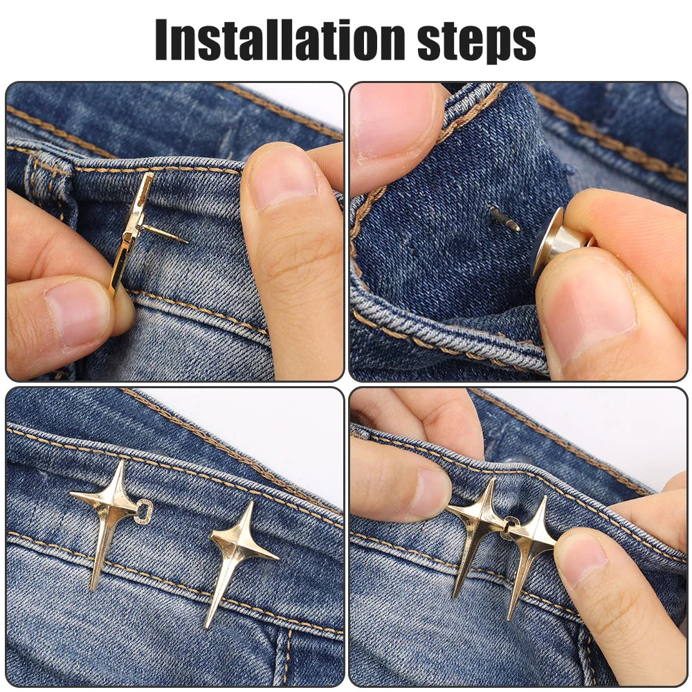Adjustable Jean Button Pins – Detachable Metal Waist Tightener with Cross Star Design for Clothing Alterations